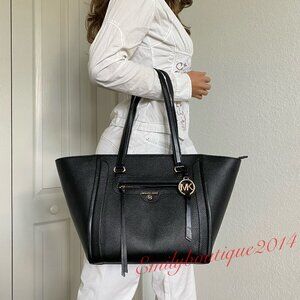 NWT Michael Kors Retail Carine Medium Pebble Leather Black Tote Shoulder Bag